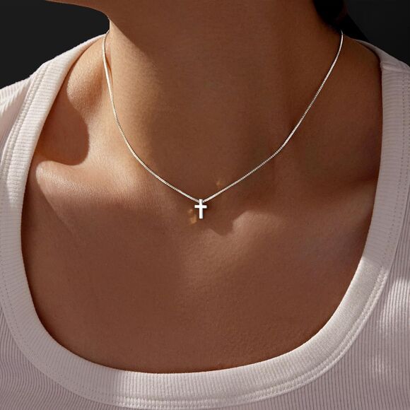 Tiny Cross 925 Sterling Silver Cross Necklace Christian Baptism Dainty Silver - Picture 3 of 5